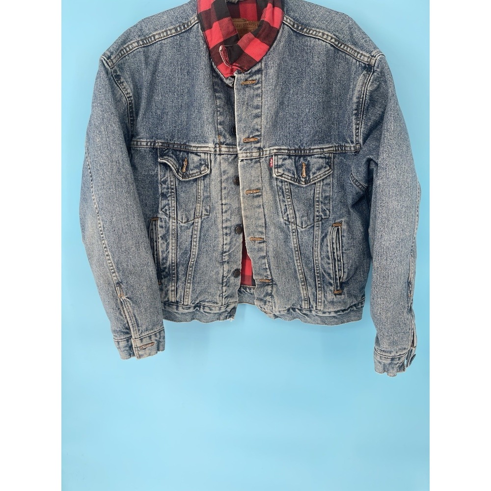 Men's Vintage Levi's trucker Denim Jean Jacket Red Flannel‎ Lined MEDIUM